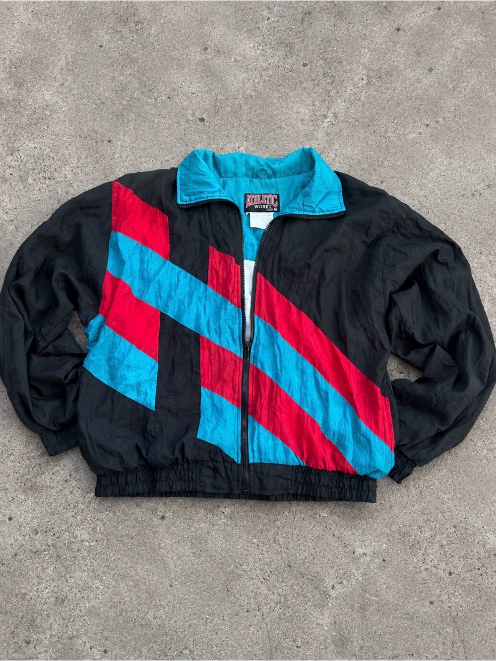 Athletic Works Kids Black Jacket with Red & Turquoise Diagonal Stripes